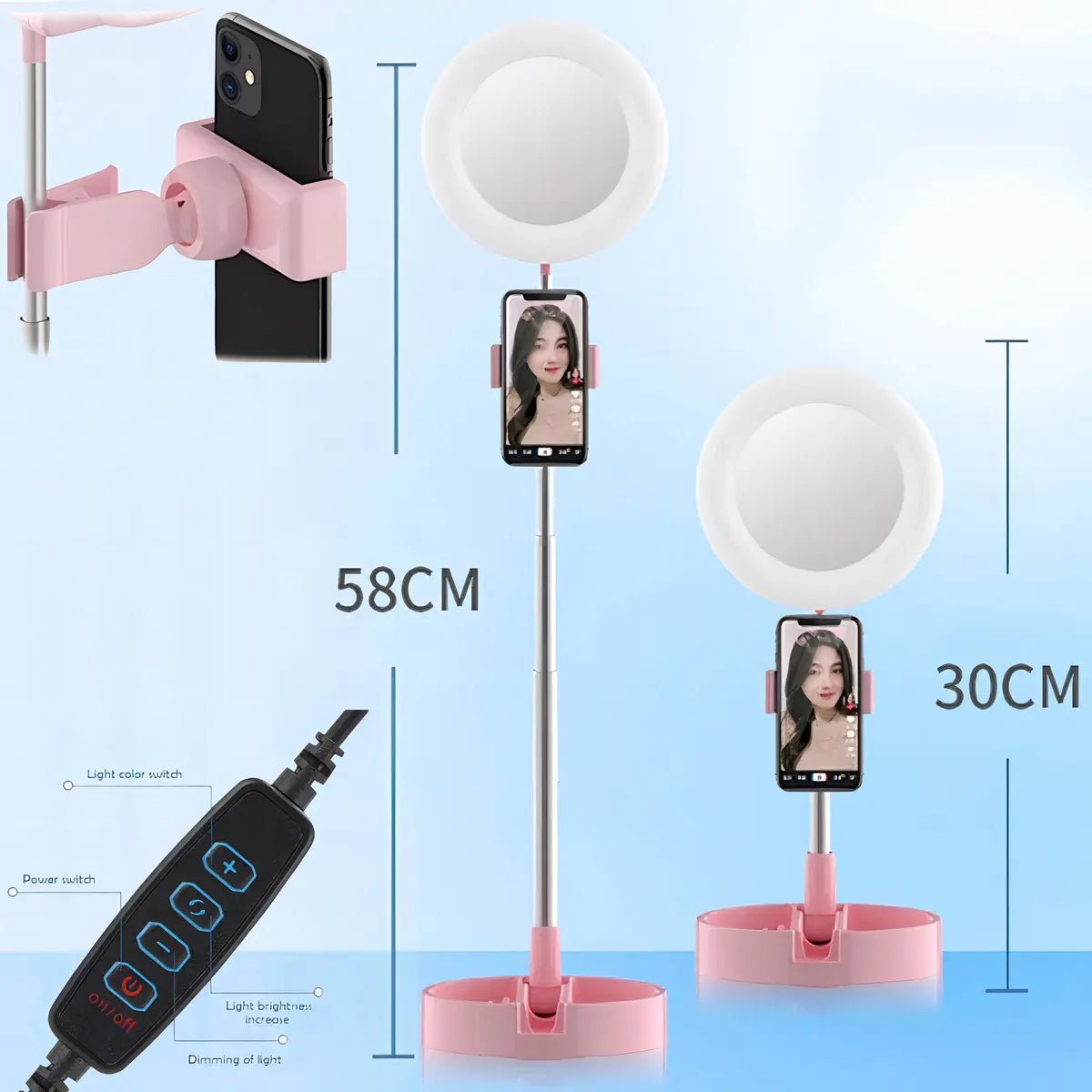 Espejo Redondo con Luz LED 6" con Soporte para celular