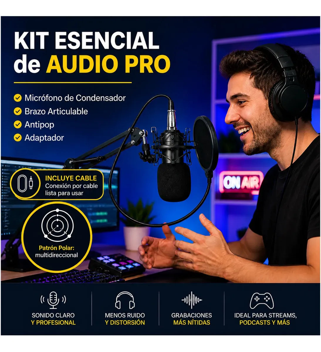Micrófono Condensador Omnidireccional Con Brazo Ajustable
