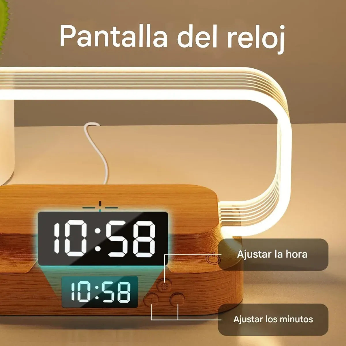 Lampara Luz Led Con Reloj Y Cargador Inalámbrico De Mesa