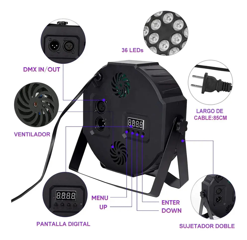 Tacho 36 LED RGB DMX 36W con Control Remoto