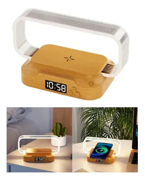 Lampara Luz Led Con Reloj Y Cargador Inalámbrico De Mesa