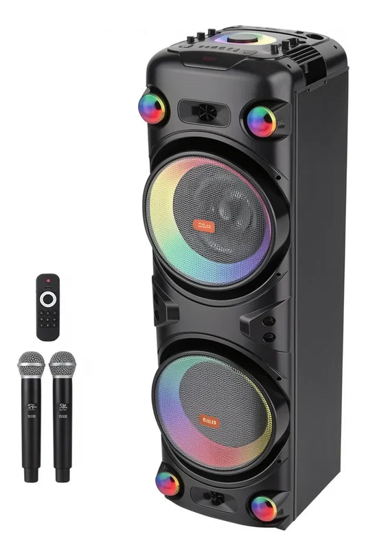 Parlante 12″x2 Bluetooth Con 2 Micrófonos Y Control