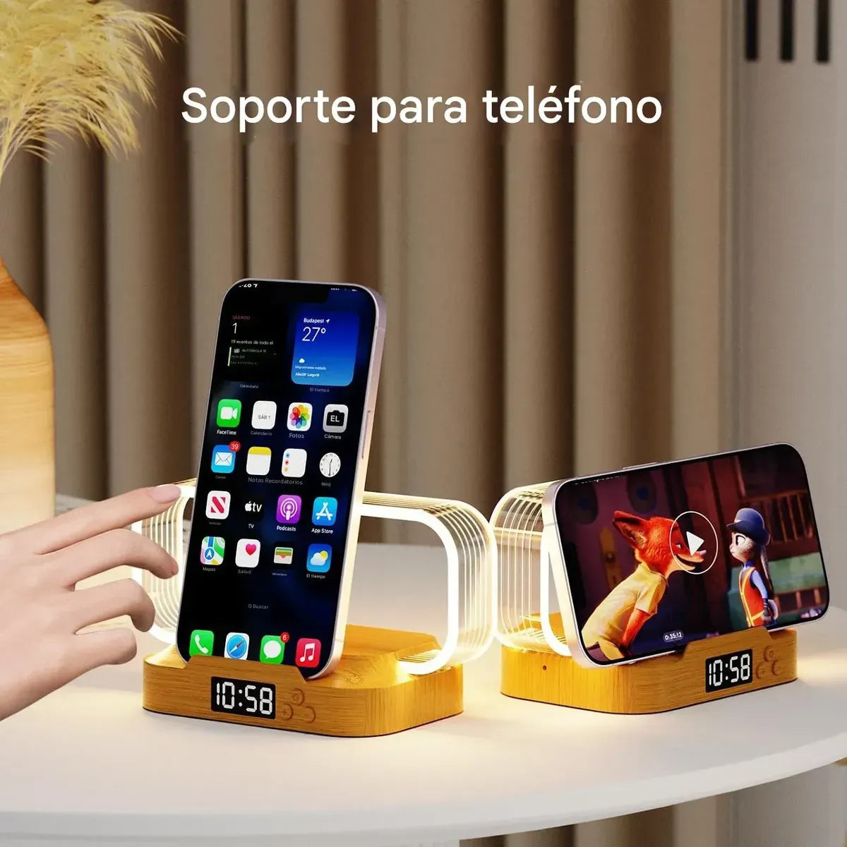 Lampara Luz Led Con Reloj Y Cargador Inalámbrico De Mesa