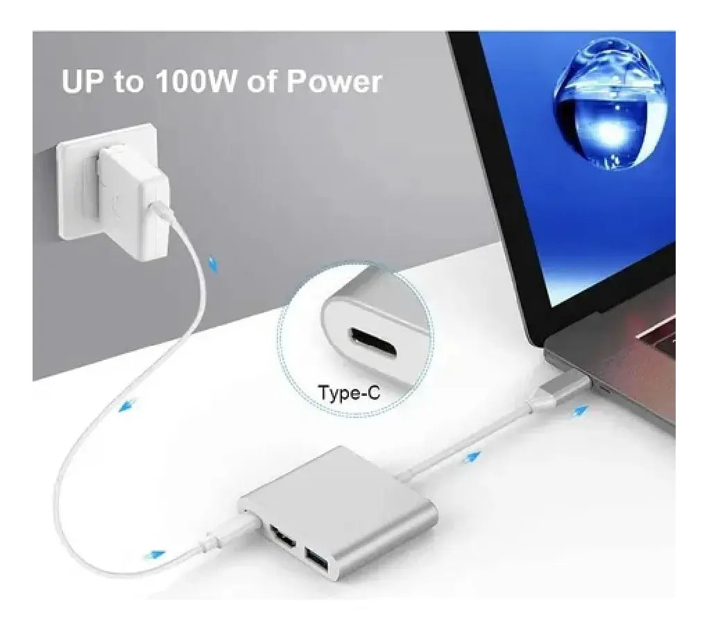 Adaptador / Conversor Tipo-C a HDMI + Puerto USB + Puerto Tipo-C