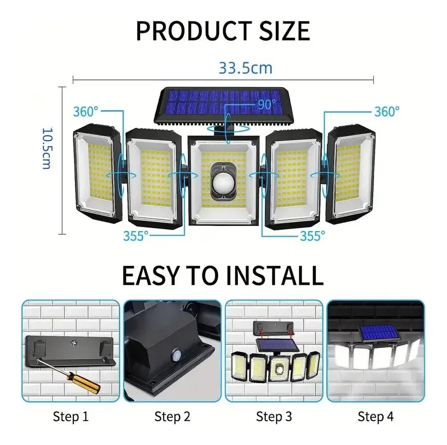 Lampara Solar 45w 300 Led Exterior 5 Cabezas Movibles