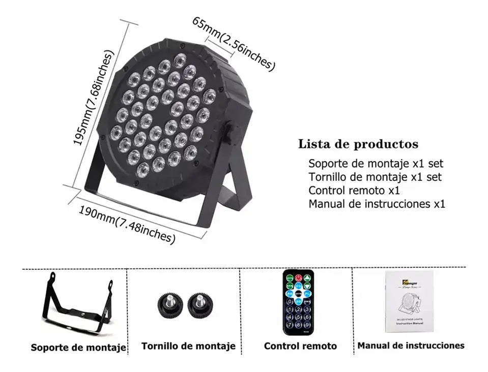 Tacho 36 LED RGB DMX 36W con Control Remoto