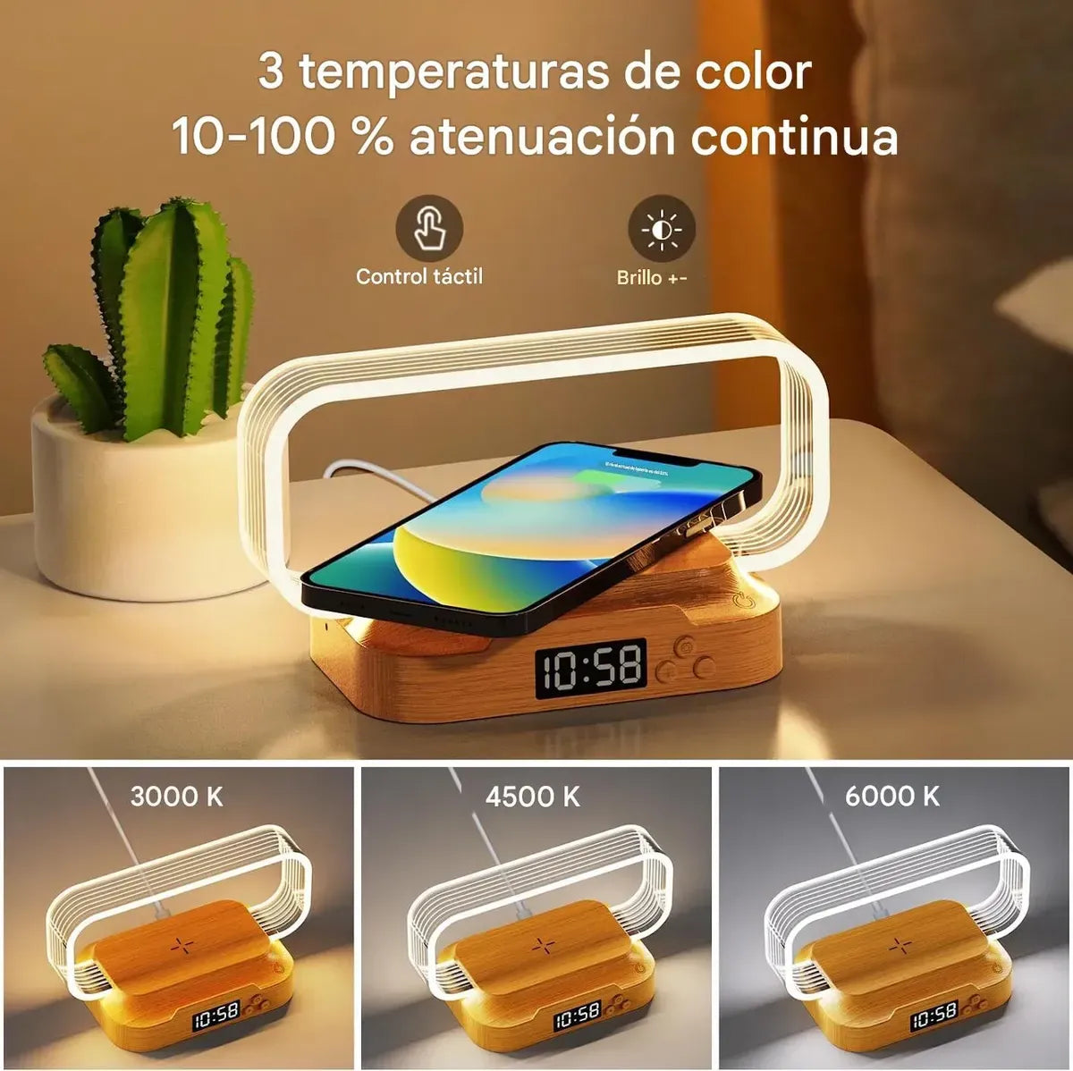 Lampara Luz Led Con Reloj Y Cargador Inalámbrico De Mesa