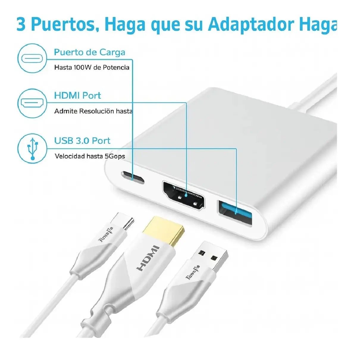 Adaptador / Conversor Tipo-C a HDMI + Puerto USB + Puerto Tipo-C