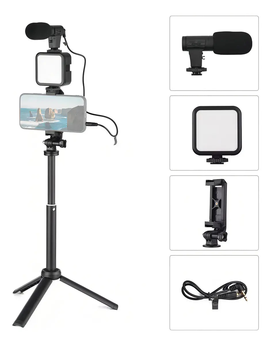 Kit Trípode + Micrófono + Luz led + control bluetooth