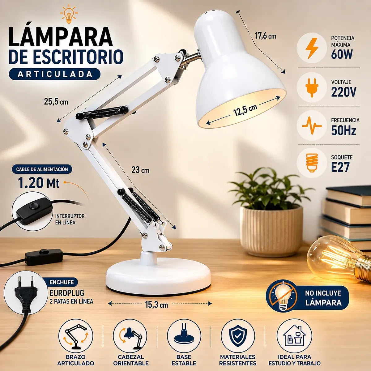 Lámpara Escritorio Articulada Metálica Con Base