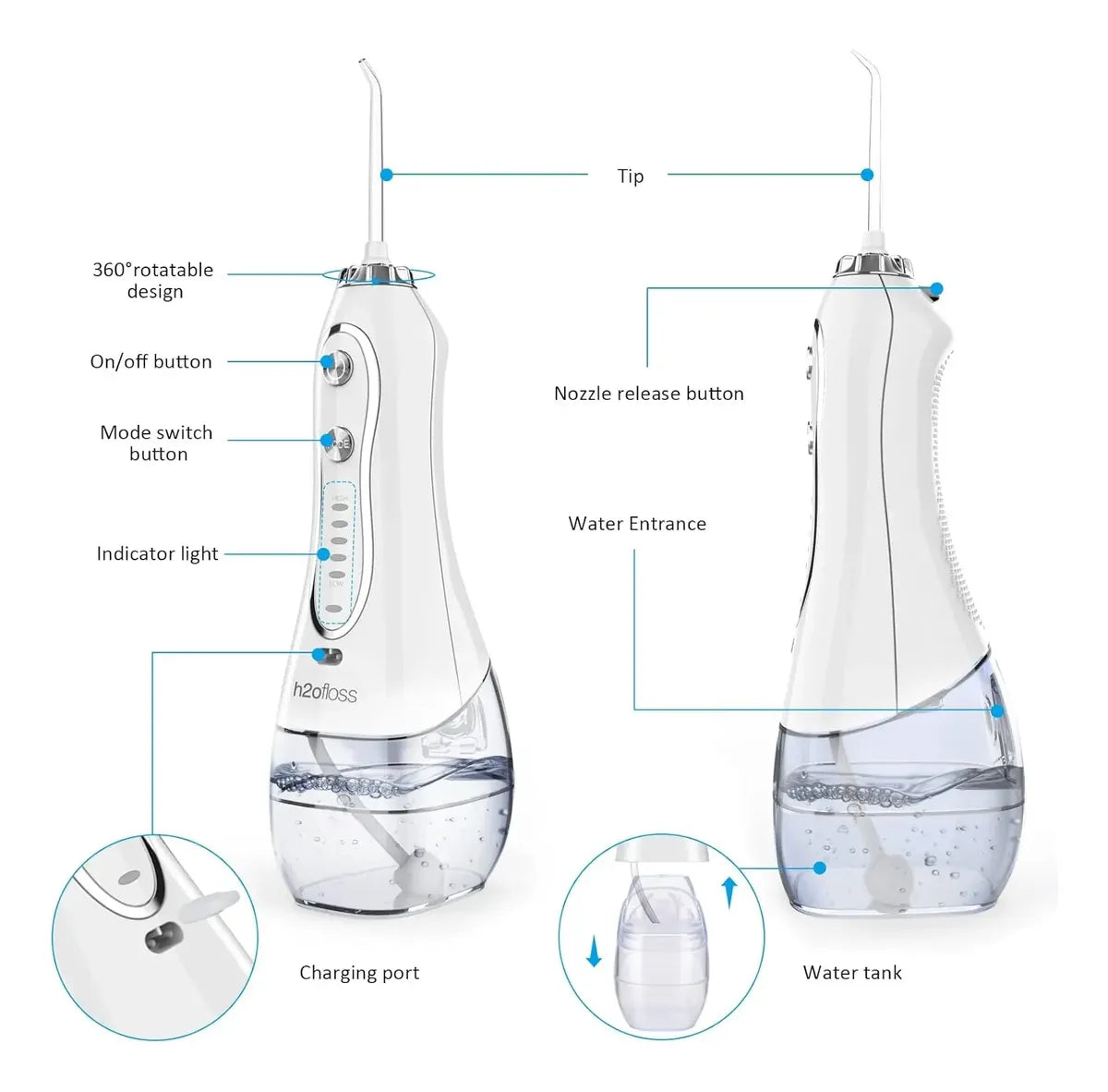 Irrigador Bucal Eléctrico H2ofloss 300ml Recargable