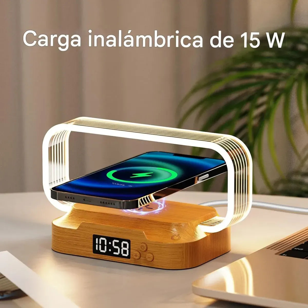 Lampara Luz Led Con Reloj Y Cargador Inalámbrico De Mesa