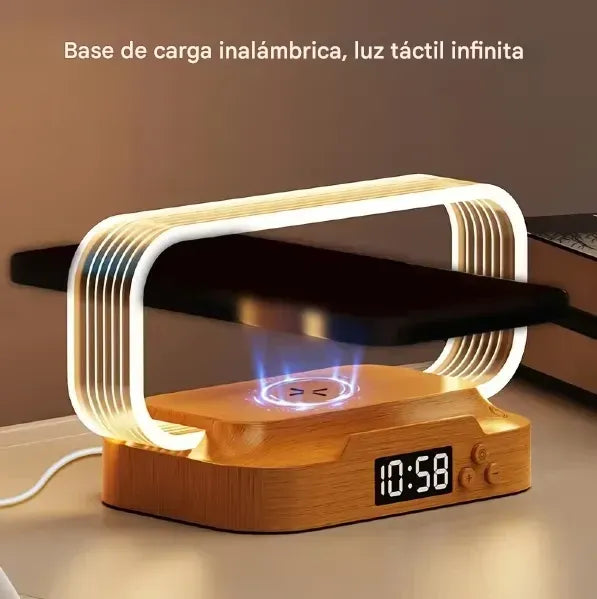Lampara Luz Led Con Reloj Y Cargador Inalámbrico De Mesa